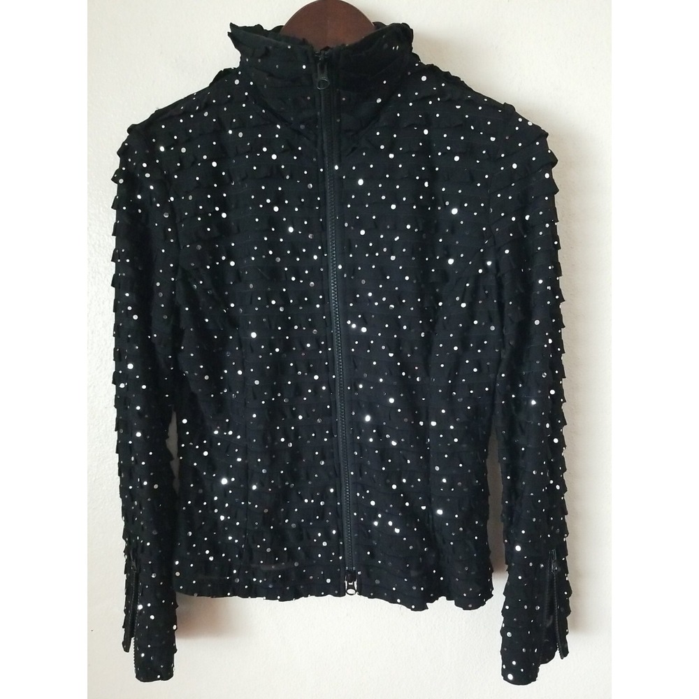 CLARA S Women's Black Silver Shimmer‎ Long Sleeve Stretch Jacket Size S